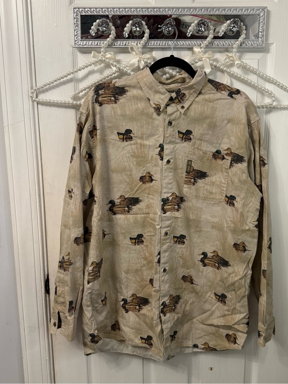 Columbia River Lodge Duck Mallard Graphic Long Sleeve Button Shirt - Mens Large